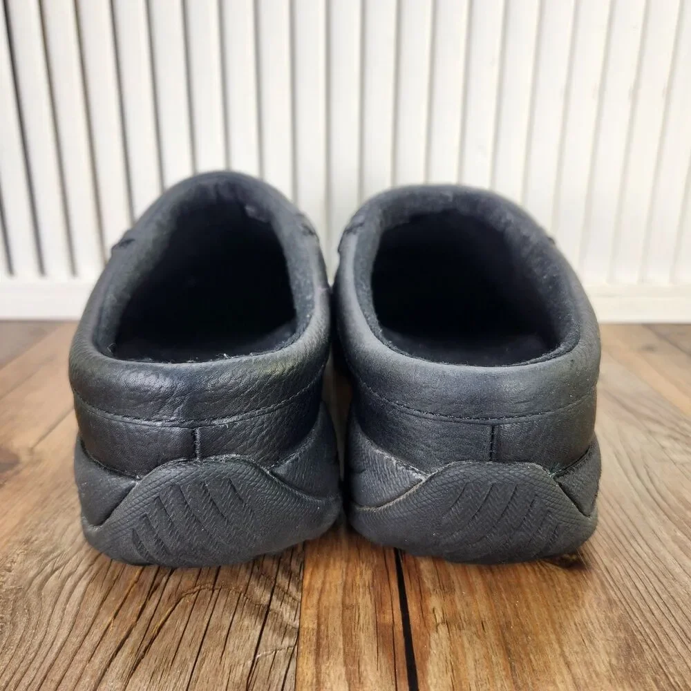 LL Bean Comfort Mules Mens Sz 10 Wide Black Pebbled Leather Slip On Fleece Lined